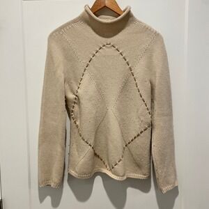 S Max Mara Virgin Wool Cashmere Knit Sweater Beige Mock Neck Diamond Stitch M